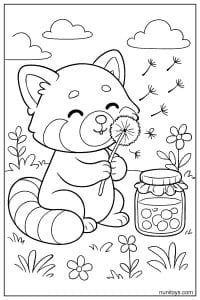 Kawaii Red Panda Blowing Dandelion Seeds Coloring Page