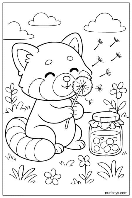 Kawaii Red Panda Blowing Dandelion Seeds Coloring Page