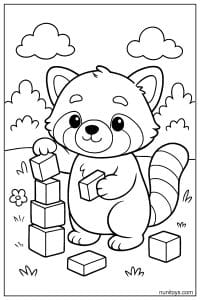 Sweet Kawaii Red Panda Playing with Blocks Coloring Sheet