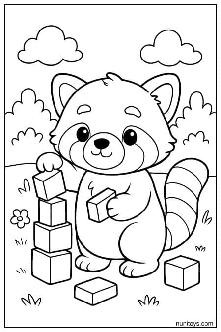 Sweet Kawaii Red Panda Playing with Blocks Coloring Sheet