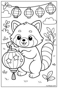 Kawaii Red Panda Holding a Lantern Coloring Page