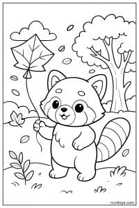 Kawaii Red Panda Flying a Leaf Kite Coloring Sheet