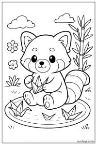 Kawaii Red Panda Making Origami Coloring Page