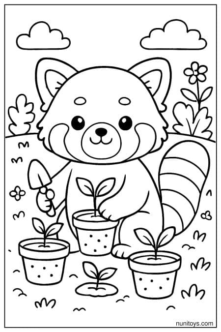 Kawaii Red Panda Gardening Coloring Page