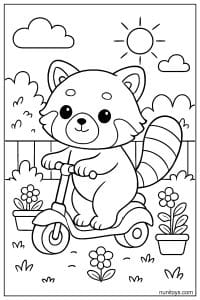 Kawaii Red Panda Riding a Scooter Coloring Page