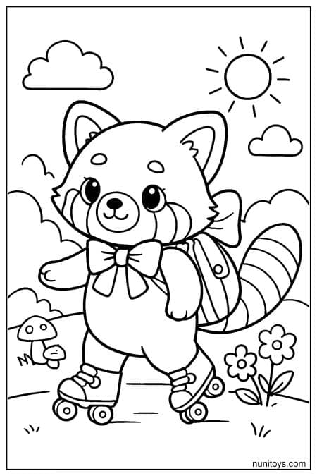 Kawaii Red Panda on Roller Skates Coloring Page