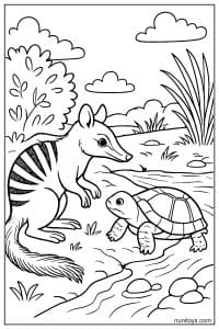 Numbat Meeting a Turtle by the Stream Coloring Page