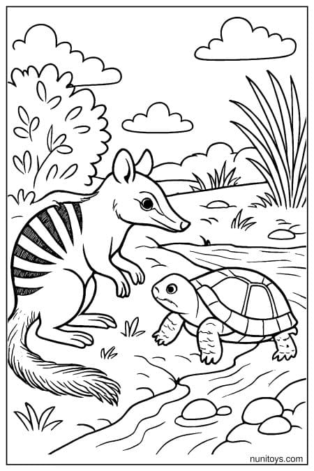 Numbat Meeting a Turtle by the Stream Coloring Page