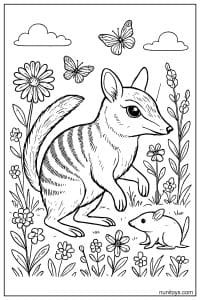 Numbat with a Little Mouse in a Flower Meadow Coloring Page