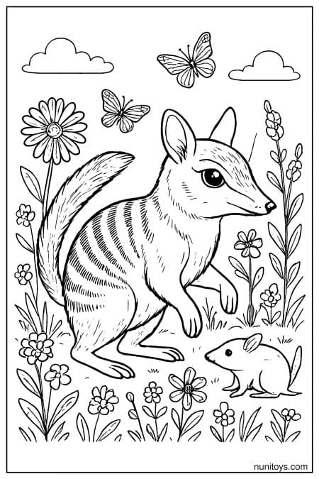 Numbat with a Little Mouse in a Flower Meadow Coloring Page