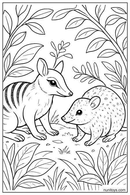 Numbat and Quenda in Leafy Woodland Coloring Page