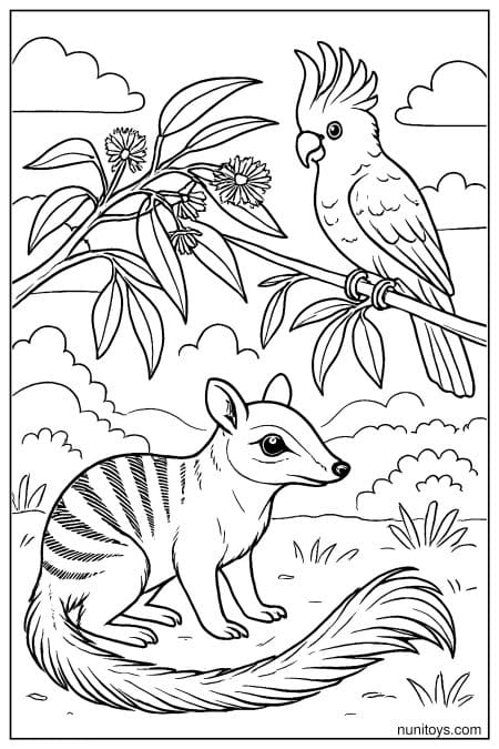 Numbat Under a Cockatoo in the Bush Coloring Sheet