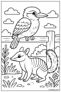 Numbat and Kookaburra by a Fence Coloring Sheet