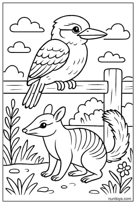 Numbat and Kookaburra by a Fence Coloring Sheet