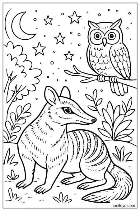 Numbat Under the Stars with an Owl Coloring Sheet