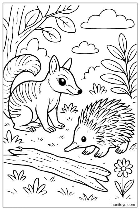 Numbat Meeting an Echidna by a Fallen Log Coloring Page