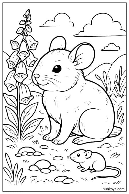 Pika Beside Foxglove Flowers and a Tiny Mouse Coloring Sheet
