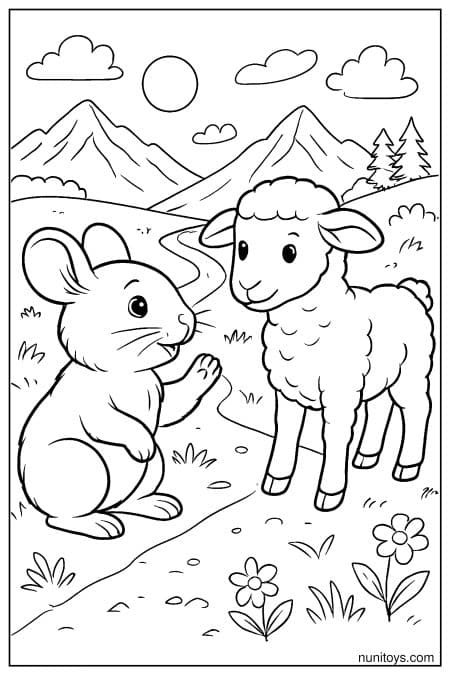 Pika Meeting a Lamb in a Mountain Meadow Coloring Page
