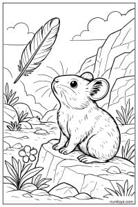 Pika Watching a Feather in the Mountains Coloring Page