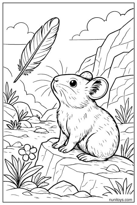 Pika Watching a Feather in the Mountains Coloring Page