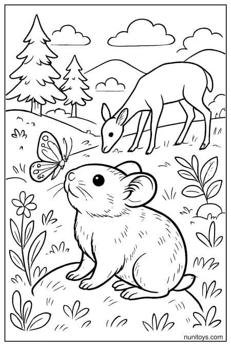 Pika Watching a Butterfly with a Deer Nearby Coloring Page
