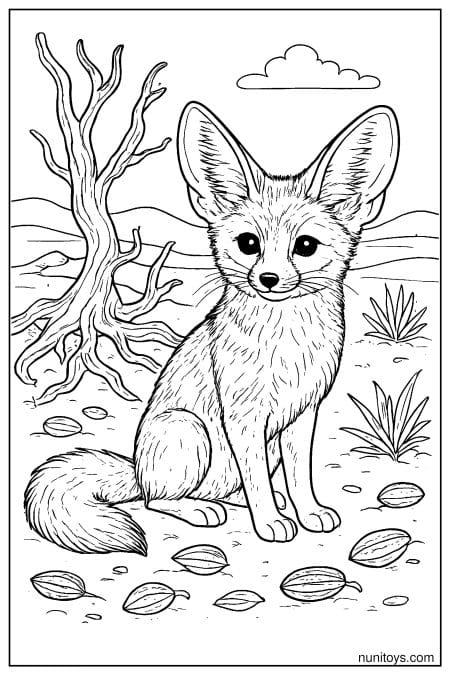 Fennec Fox Sitting Beside a Dry Desert Tree Coloring Page