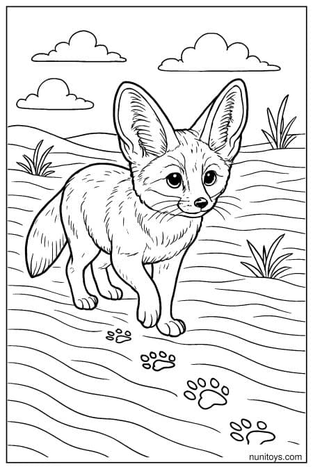 Fennec Fox Walking Across Sandy Tracks Coloring Page