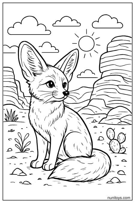 Sitting Fennec Fox in a Canyon Desert Coloring Sheet
