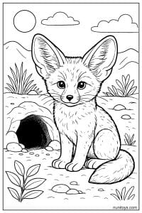 Fennec Fox Beside a Burrow Coloring Page