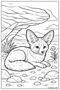 Resting Fennec Fox in a Rocky Desert Coloring Page