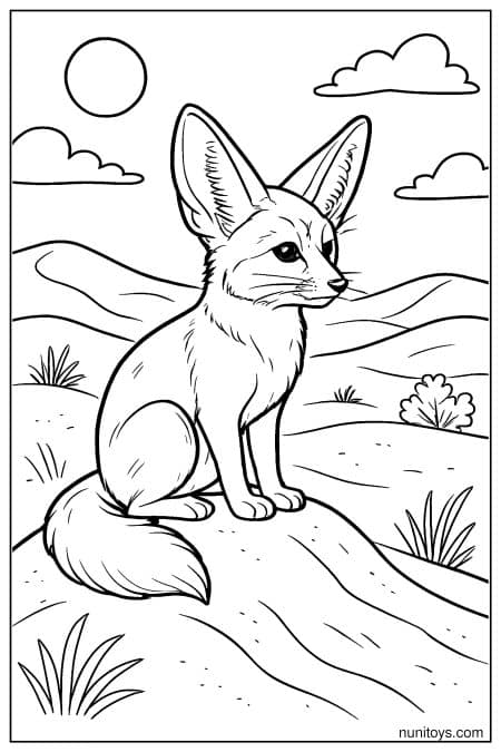 Fennec Fox Sitting on a Desert Dune Coloring Sheet