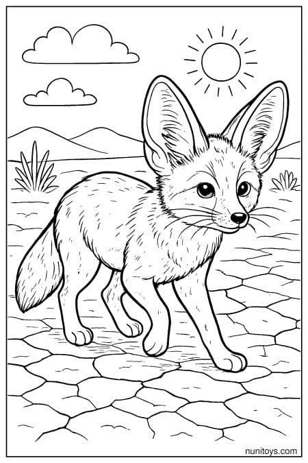 Walking Fennec Fox Across Cracked Desert Ground Coloring Page