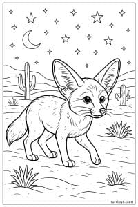 Fennec Fox Walking Under a Starry Desert Sky Coloring Sheet