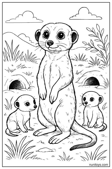 Meerkat Family Near Burrows Coloring Sheet
