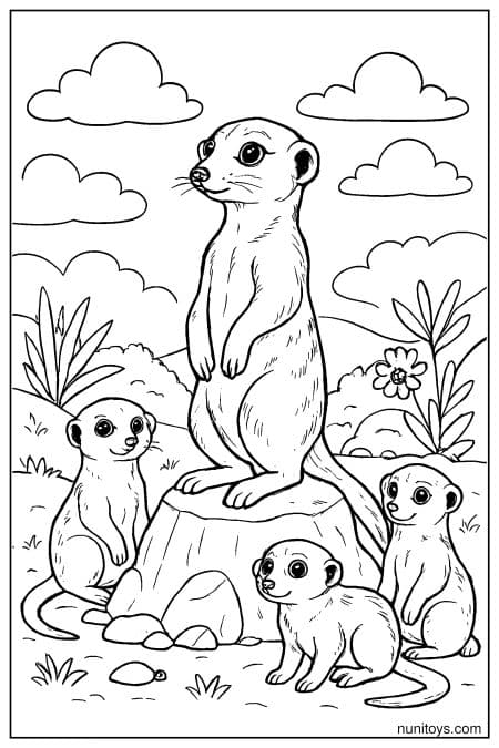 Meerkat Family Around a Lookout Rock Coloring Page