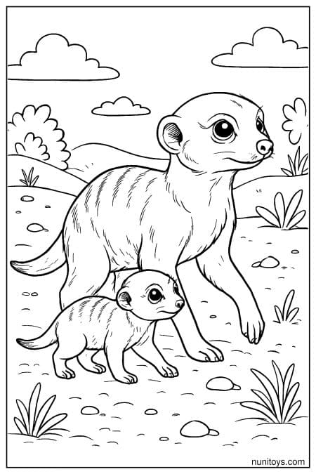 Mother Meerkat Walking with Baby Coloring Sheet