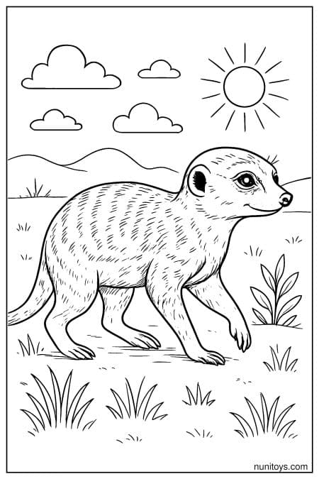 Walking Meerkat in a Sunny Landscape Coloring Sheet