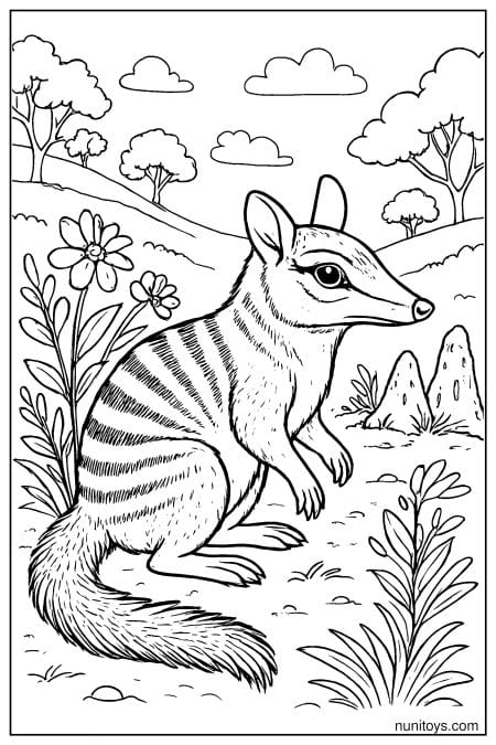 Numbat Sitting Among Wildflowers Coloring Sheet