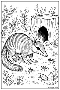 Numbat Searching for Ants Near a Hollow Stump Coloring Page