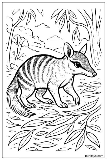 Numbat Walking Through Leafy Woodland Coloring Sheet