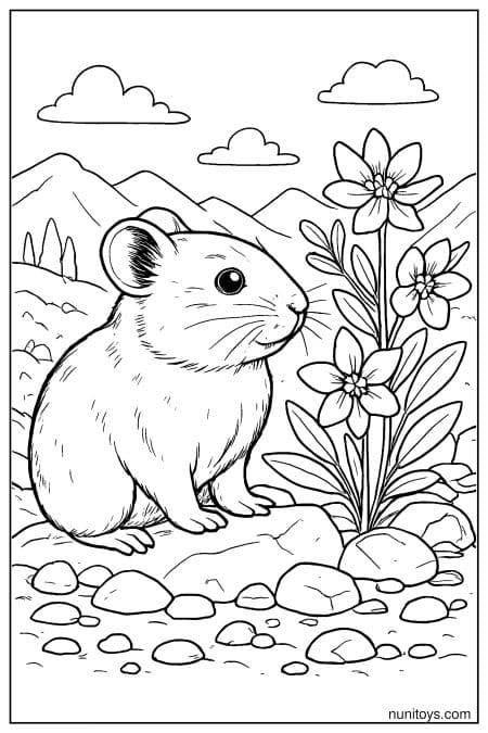Pika Sitting Beside Alpine Flowers Coloring Page