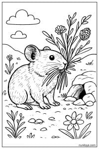 Pika Carrying Wildflowers Near a Burrow Coloring Page