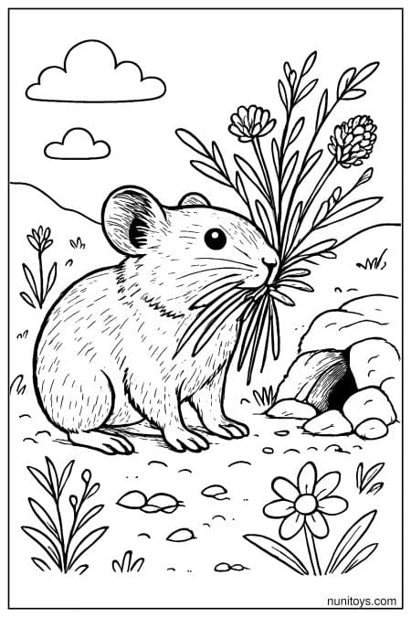 Pika Carrying Wildflowers Near a Burrow Coloring Page