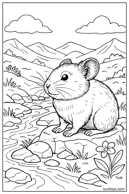 Pika Sitting Beside a Mountain Stream Coloring Page