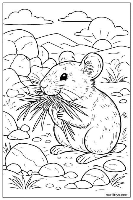Pika Holding Grass in a Rocky Meadow Coloring Sheet