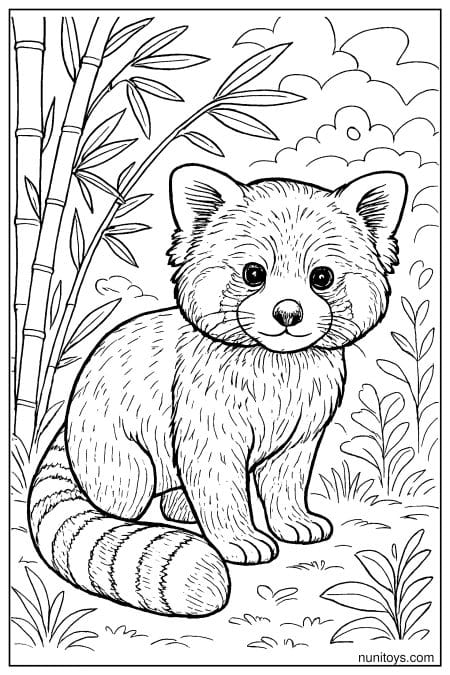 Cute Red Panda Sitting in Bamboo Coloring Sheet