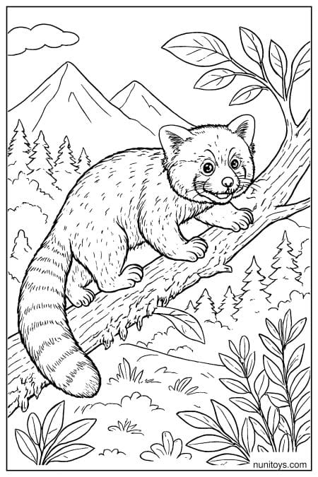 Red Panda Climbing a Mountain Tree Coloring Page