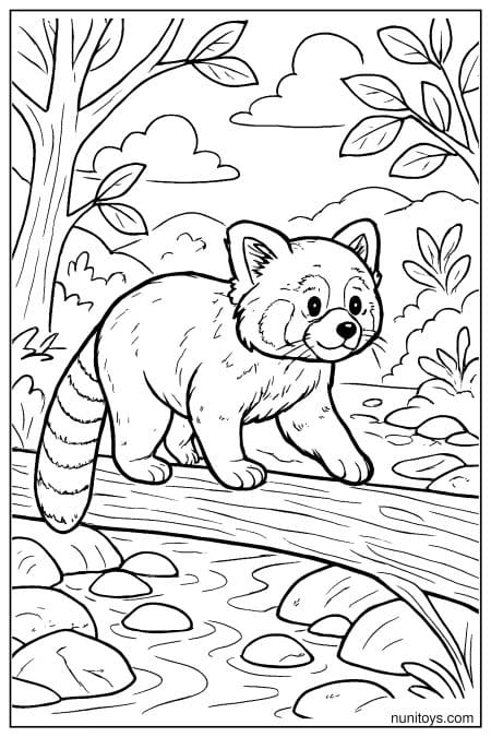 Walking Red Panda on a Forest Log Coloring Sheet