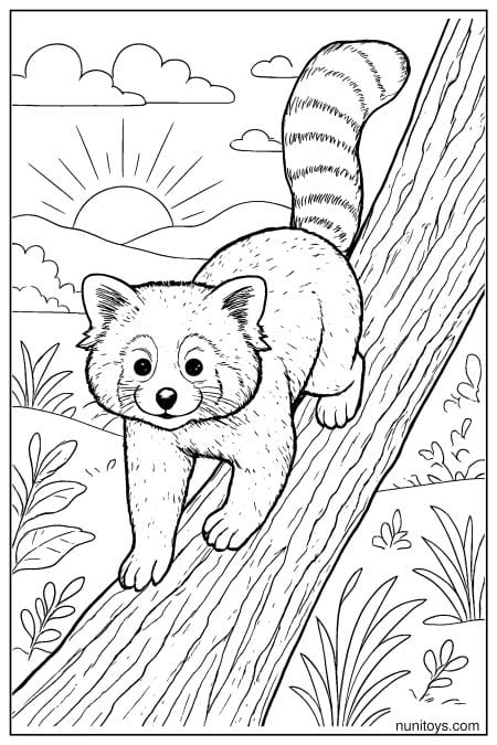 Red Panda Climbing Down a Tree Coloring Page