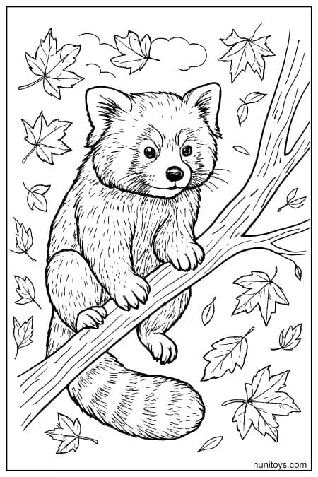 Red Panda Climbing a Branch with Falling Leaves Coloring Page